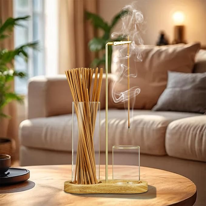 2 in 1 Incense Holder for Sticks, Anti-Ash Flying Incense Burne with Glass Ash Catcher and Incense Sticks Organizer for Meditation Yoga Spa Home Decor (Light Base)