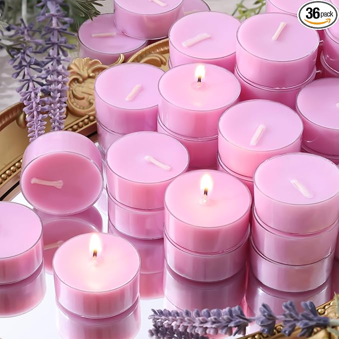 Pure Lavender Scented Tealight Candles, 36 Pack Natural Palm Tea Lights Candles for Home Scented, 4 Hour Small Votives with Natural Essential Oils for Home Aromatherapy, Baby Shower Favors