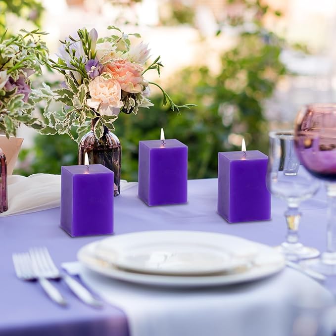KONNI Square Violet Pillar Candles Set of 3, 2.8"x 4" Unscented Pillar Candles Bulk, 30 Hours Long Burning Candles, Smokeless Dripless Large Candle for Wedding, Home Decoration, Parties, Spas, Dinner