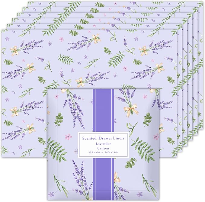 SCENTORINI Shelf Liners for Kitchen Cabinets Non-Adhesive, Lavender Scented Drawer Liners, 14.3 x 19.6 Inch 6 Sheets, for Dresser Bedroom Shelf Closet