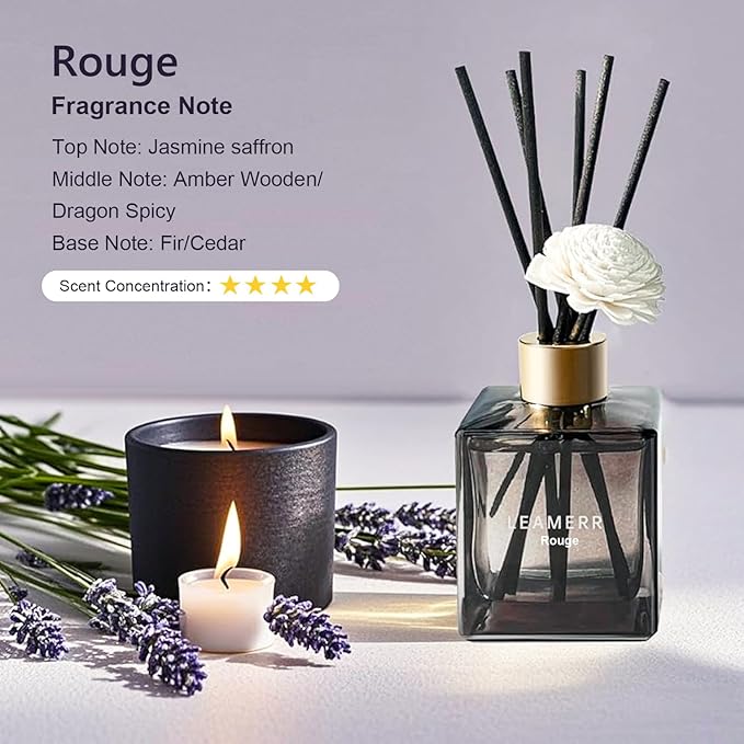 Reed Diffuser Set, 6.1 oz (180 ml) Rouge Scented Diffuser with Sticks Long-Lasting Home Fragrance Reed Diffuser for Home Room Office Bathroom Shelf Decor