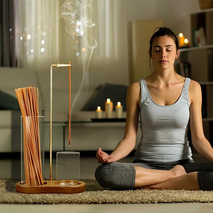 2 in 1 Incense Holder for Sticks, Anti-Ash Flying Incense Burne with Glass Ash Catcher and Incense Sticks Organizer for Meditation Yoga Spa Home Decor (Dark Base)