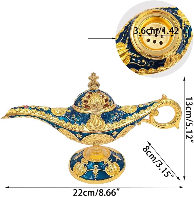 Vintage Aladdin Genie Lamp Cone Incense Holder,Legend Magic Lamp Incense Burner Arabian Costume Props,Wishing Light for Home Decor Birthday Party Wedding Blue