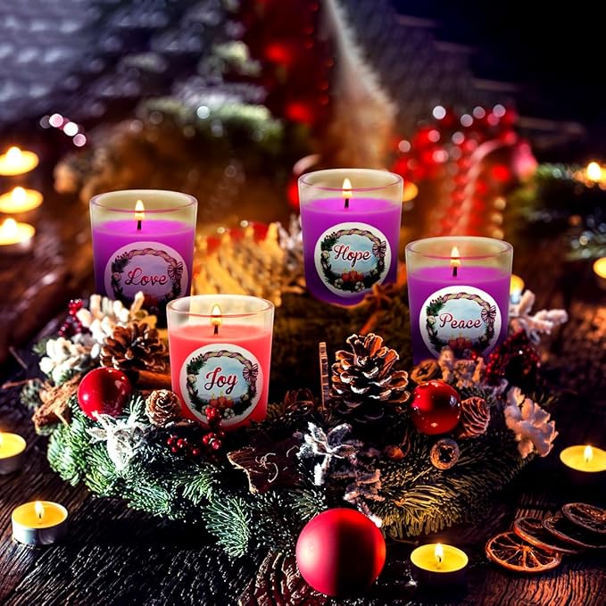 20 Packs Unscented Christmas Advent Votive Candles in Glass, Small Natural Soy Wax Colored Candles with 20pcs Stickers of Hope, Peace, Joy and Love - 5 Pink and 15 Purple
