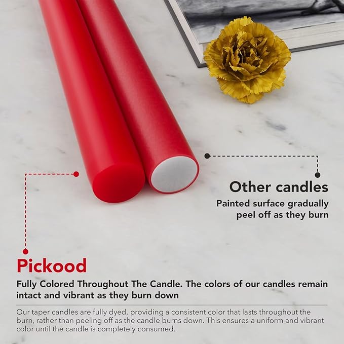 New Burning Formula Unscented Dripless 10-Inch Taper Candles Set of 12 - Red, for Wedding, Dinner - Smokeless, Long Burning - Hand Poured, Colored Tall Candlesticks - Rojo