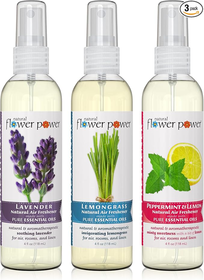 Air Freshener Spray - Odor Eliminator w/Essential Oils - Home, Car & Fabric - Cruelty Free & Vegan - Variety Pack - Lavender + Lemongrass + Peppermint & Lemon - 3 x 4 fl oz