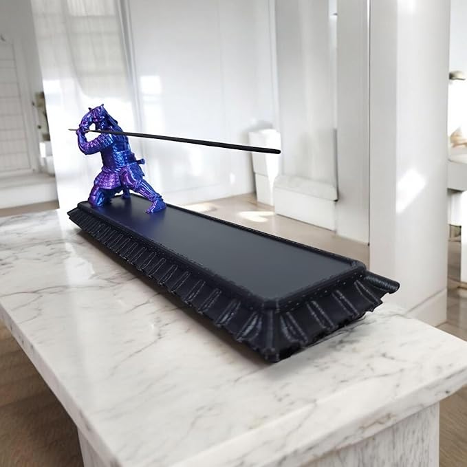 Samurai Incense Holder, Incense Burner with Storage Box, Ash Catcher, Warrior Incense Burner for Aromatherapy, Meditation, Yoga (Purple Blue Samurai & Black Box)