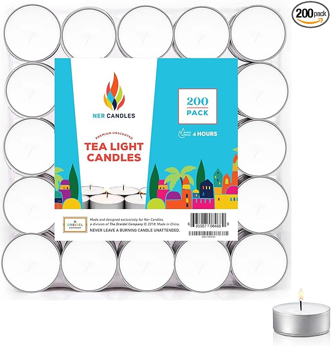 White Unscented Tea Lights- Smokeless, Drip Less, Long Lasting Flames- Center Pieces for Dinners and Events- European Wax Flame- Bulk Pack (200 Candles)