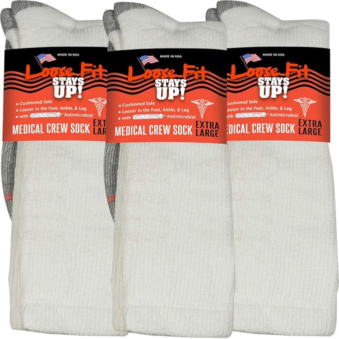 Loose Fit Stays Up Men's and Women's Medical Socks (Pack of 3) Made in USA. Cushioned Sole