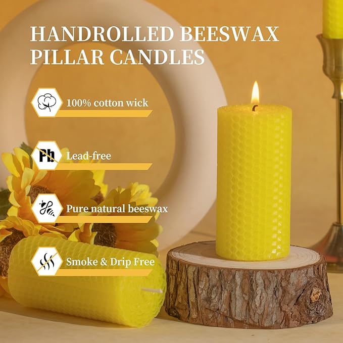 KONNI Beeswax Yellow Pillar Candles Set of 3, 2"x 4" Unscented Pillar Candles Bulk, 20 Hours Long Burning Candles, Smokeless&Dripless Large Round Candle for Wedding, Decoration, Parties, Spas, Dinner