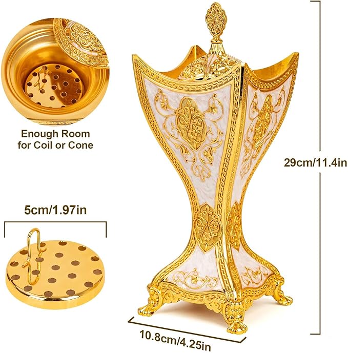 Bakhoor Incense Burner, 11Inches Charcoal Incense Burner - for Yoga, Spa Aromatherapy, Office & Home Decor, Trophy Shape (Gold)