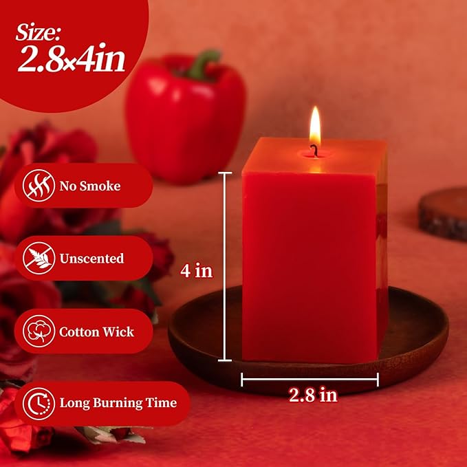 KONNI Square Red Pillar Candles Set of 3, 2.8"x 4" Unscented Pillar Candles Bulk, 30 Hours Long Burning Candles, Smokeless and Dripless Large Candle for Wedding, Home Decoration, Parties, Spas, Dinner