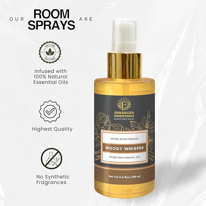 Luxurious Essential Oil based Room Spray by Enhanced Essentials|100% Natural & Synthetic Free|Elevates Ambiance with a Soothing Woody Aroma|Refreshing,Grounding & Calming|3.4 fl oz (100 ml)