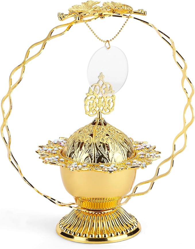 Metal Bakhoor Burner, Frankincense Resin Incense Burner, Charcoal Incense Burner, Incense Censer, Incense Burner for Yoga, Spa Aromatherapy Office Home Decor（Gold）
