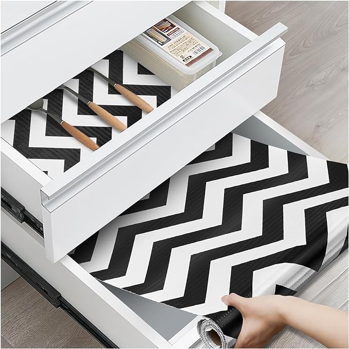 Drawer and Shelf Liner, Non-Slip Kitchen Cabinet Liners Non-Adhesive Thick Strong Grip Waterproof Washable Mats Protect Dresser Shelves Cupboard Bathroom Cabinets, Chevron, 24 in X 20 FT