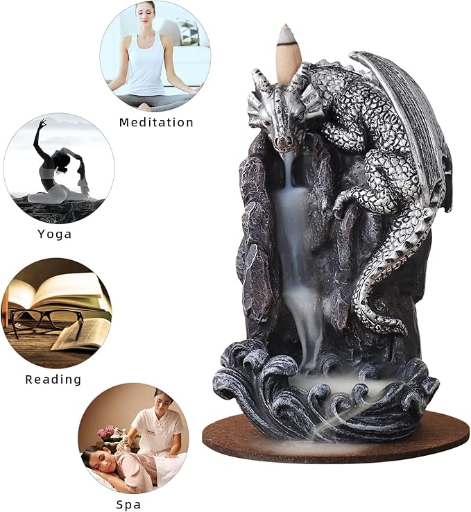 Dragon Backflow Incense Holder Waterfall Incense Burner, with 100 Backflow Incense Cones,1 Mat,1 Tweezers，Aromatherapy Ornamental for Home Office Yoga （Silver Dragon）