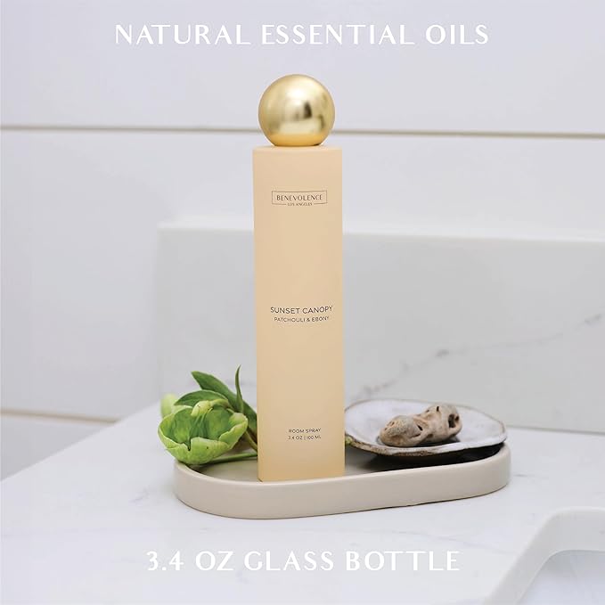 Benevolence LA Sunset Canopy Room Spray | Patchouli & Ebony | 3.4oz | Versatile Home Fragrance, Pillow & Linen Spray | Low VOC, No Alcohol | Malibu Sands Collection