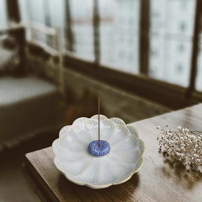 Ceramic Incense Holder for Sticks, Handmade Incense Burner Trays with 3 Pcs Incense Holes, Multi-Purpose Ash Catcher for Coils, White Sage & Palo Santo, Smudge Bowl for Meditation Yoga Decor (White)