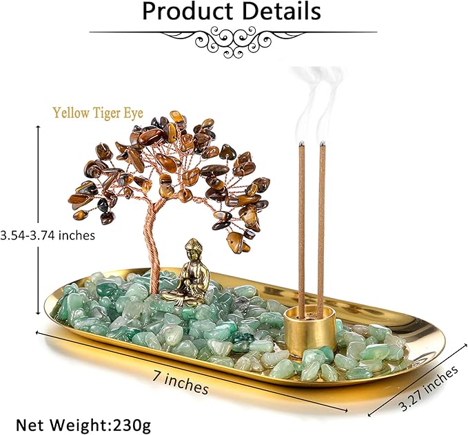 Jovivi Crystal Incense Holder for Sticks, Tiger Eye Healing Crystal Stone Money Tree Buddha Statue Set Incense Burner, Incense Trays for Wealth, Good Luck,Yoga Meditation Home Decor