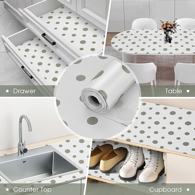 Drawer and Shelf Liner, Non-Slip Kitchen Cabinet Liners Non-Adhesive Thick Strong Grip Waterproof Washable Mats Protect Dresser Shelves Cupboard Bathroom Cabinets, Polka Dot, 24 in X 10 FT
