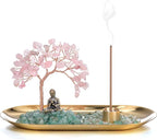 Jovivi Crystal Incense Holder for Sticks, Rose Quartz Healing Crystal Stone Money Tree Buddha Statue Set Incense Burner, Incense Trays for Wealth, Good Luck,Yoga Meditation Home Decor