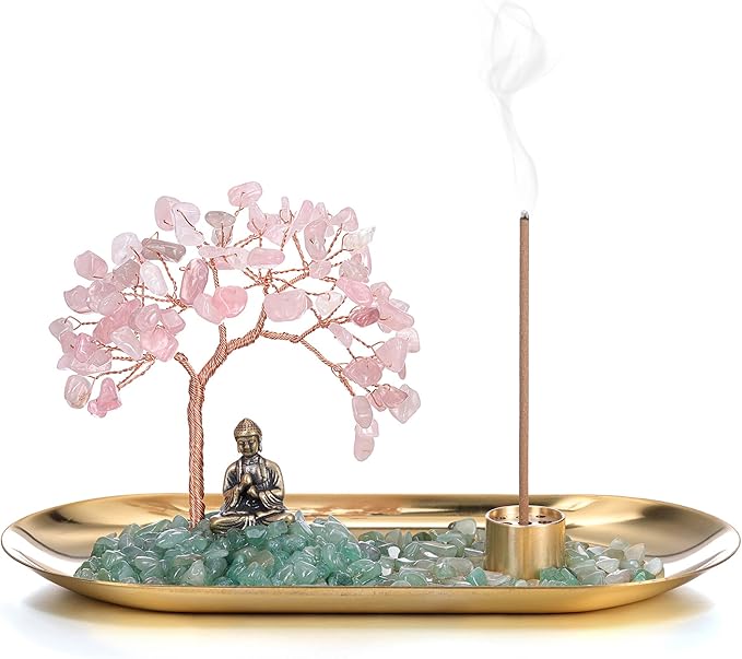 Jovivi Crystal Incense Holder for Sticks, Rose Quartz Healing Crystal Stone Money Tree Buddha Statue Set Incense Burner, Incense Trays for Wealth, Good Luck,Yoga Meditation Home Decor