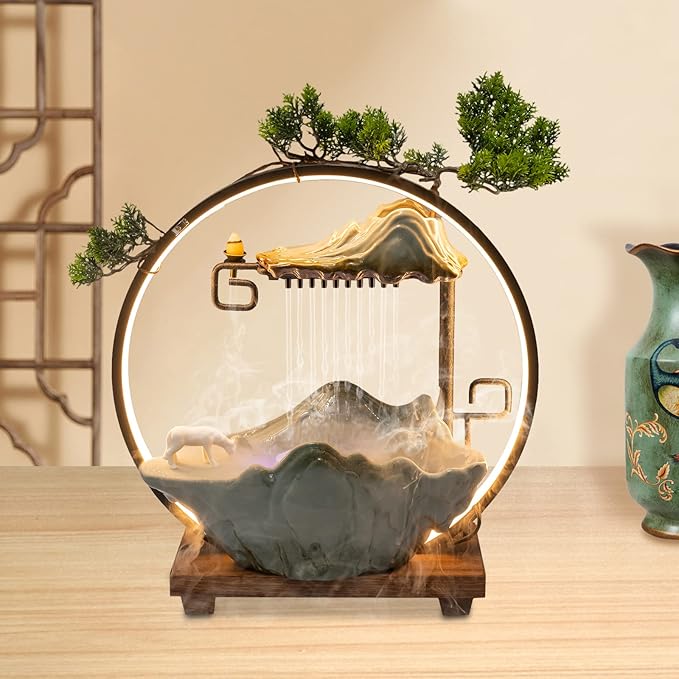 Backflow Incense Holder with Water Fountains and LED Light, Rockery, Horse and Plants Perfect for Relaxing or Home Decor (Horse witn Rockery)