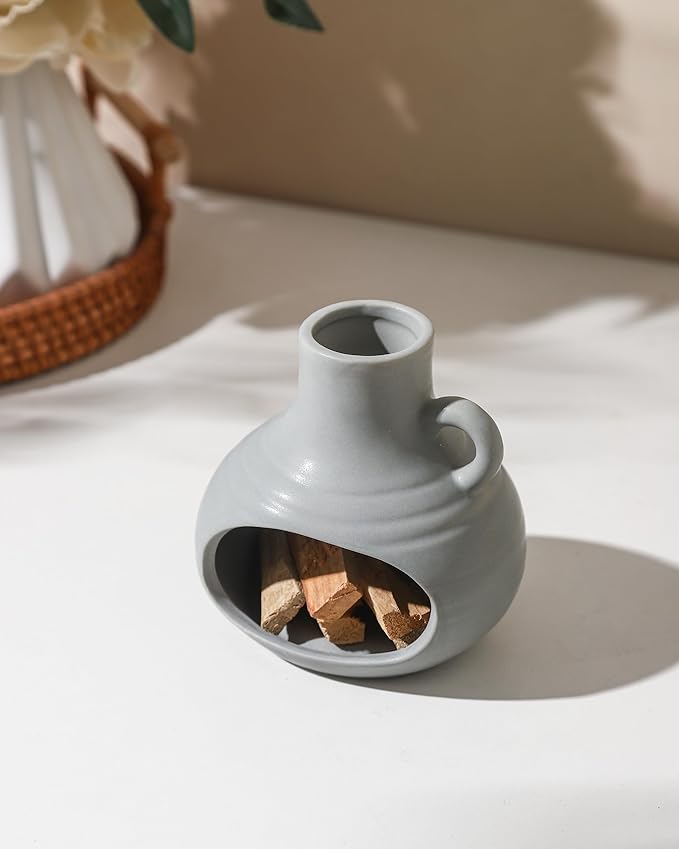 3 in 1 Holder Burner, Modern Chiminea Incense Burner for Palo Santo Sticks Cones Sage Bundles, Ceramic Smudge Bowl, Meditation Yoga Home Decor (Morandi Blue)