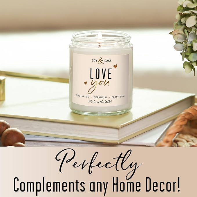 Valentines Day Gifts for Her, Valentine Candles -"I Love You" Candle, w/Eucalyptus & Geranium I I Love You Gifts for Her I Valentines Day Candle for Wife, Girlfriend I 9oz, 50Hr Burn, USA Made