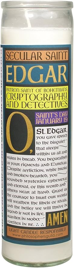The Unemployed Philosophers Guild Edgar Allan Poe Secular Saint Candle - Unscented 8 Inch Tall Glass Prayer Votive, Made in The USA, Vegetarian Wax