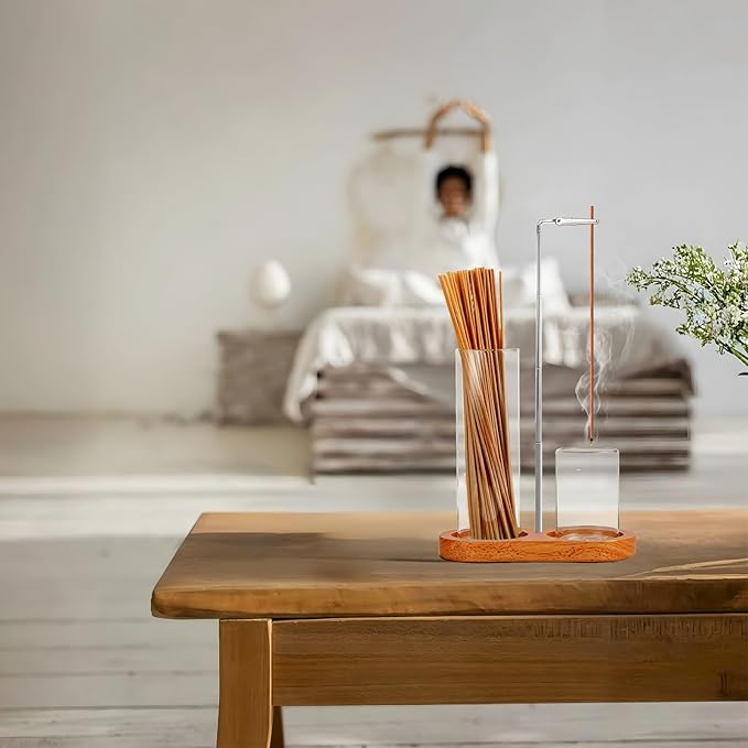 2 in 1 Incense Holder for Sticks(Height Adjustable), Anti-Ash Flying Insence-Sticks Burner with Glass Incense Holder Organizer for Meditation Yoga Spa Home Decor Sage (Silver Metal Rod)