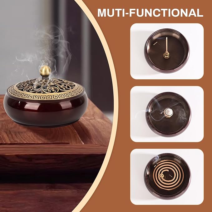 Copper Incense Burner with Stick Holder, Incense Stick Holder Cone Coil Holder with Fireproof Cotton for Madiation Yoga Spa Home Office Decor (Brown)