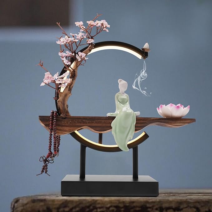 Backflow Incense Holder Incense Burner with Adjustable LED Light Ring Chinese Style Handmade Flower Censer,Compatible with Cone and Stick Incense (C)