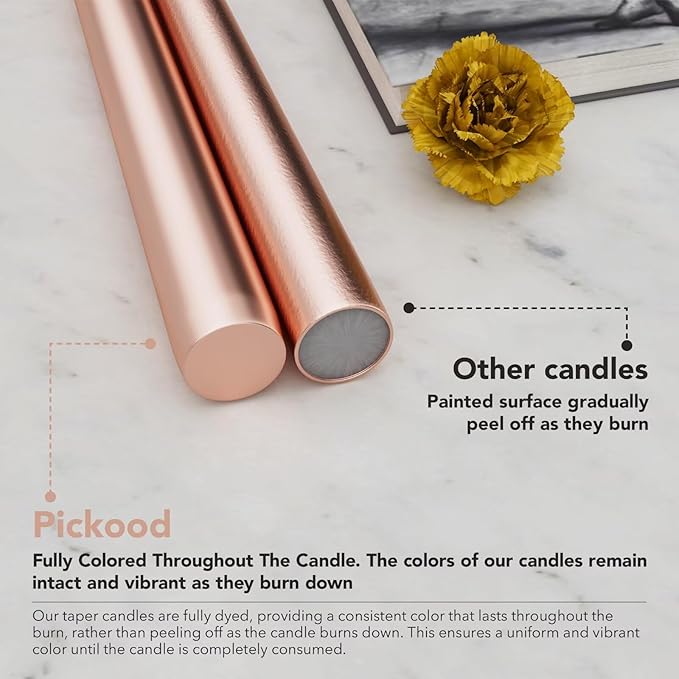 New Burning Formula Unscented Dripless 12-Inch Taper Candles Set of 12 - Rose Gold, for Wedding, Dinner - Smokeless, Long Burning - Hand Poured, Colored Tall Candlesticks - Oro Rosa