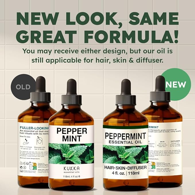 KUKKA Peppermint Essential Oils - 4 Fl Oz - for Hair, Skin, Diffuser, Aromatherapy & DIY Soap Making Scent