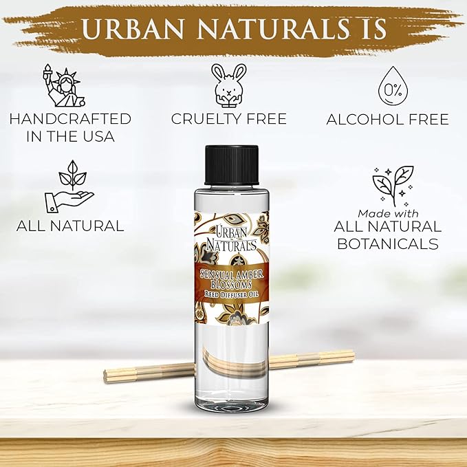 Urban Naturals Reed Diffuser Oil Refill, Sensual Amber Blossoms Fragrance Oil with Jasmine, Amber, Vanilla, 4 oz + Free Reed Sticks, Made in The USA