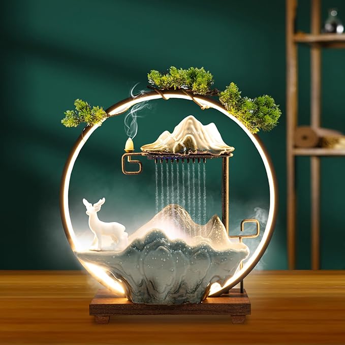 Tabletop Water Fountain with LED Light Ring,Atomizer,Water Pump Indoor Waterfall Backflow Incense Holder Deer Desk Ceramic Fountain with Mist for Office,Living Room or Bedroom Decoration (B)