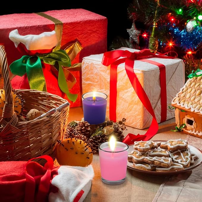 12 Packs Advent Candles with Clear Glass Holder, 9 Purple and 3 Pink Votive Candles, Unscented Seasonal Celebration Candles for Christmas Table Decoration, 1.8oz, KFUS-12VOT-ZIFEN