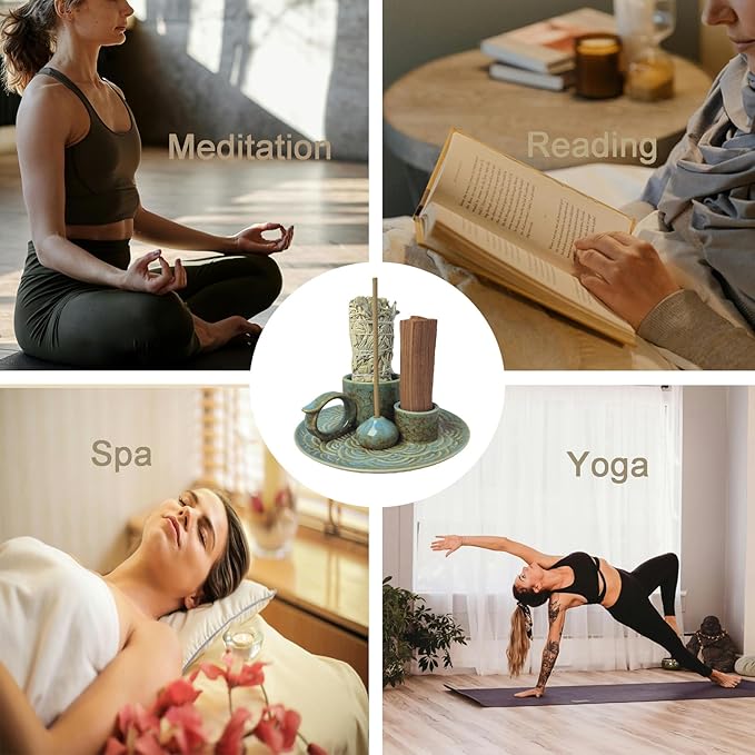 4 in 1 Incense Burner Holder for Sticks, Palo Santo Sticks Holder, Candle and Sage Holder for Burning Ceramic Ash Catcher Tray for Meditation Yoga Room Home Decor (Blue)