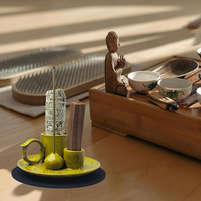 4 in 1 Incense Burner Holder for Sticks, Palo Santo Sticks Holder, Candle and Sage Holder for Burning Ceramic Ash Catcher Tray for Meditation Yoga Room Home Decor (Yellow)