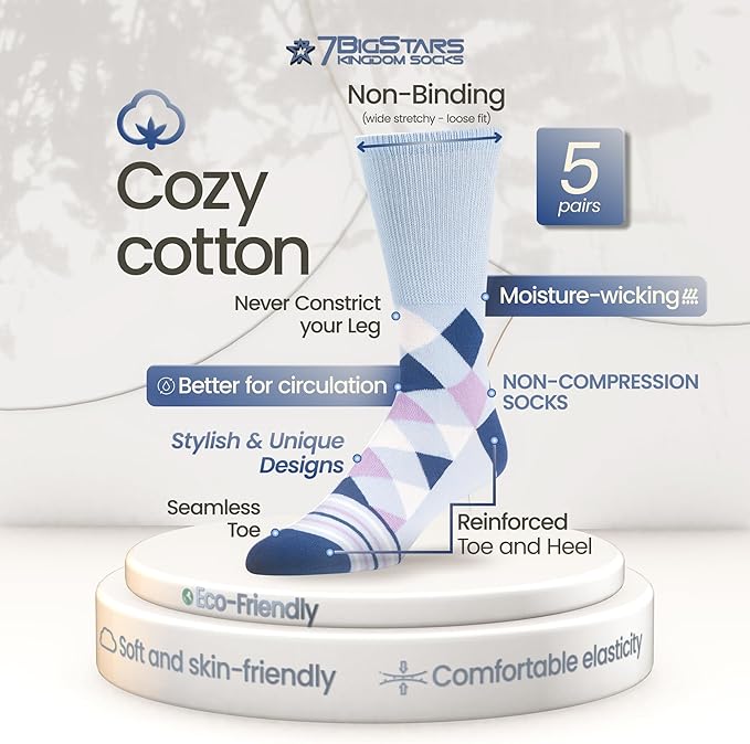 Men's Diabetic Novelty Non-Binding Crew Socks - 5 Pack Large - Argyle, Dot, Geometric Pattern - Sock Size 10-13 Shoe Size 9-12 L Denim Blue, Light Blue