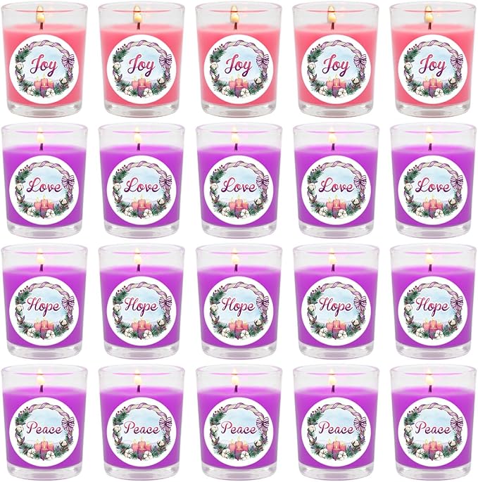 20 Packs Unscented Christmas Advent Votive Candles in Glass, Small Natural Soy Wax Colored Candles with 20pcs Stickers of Hope, Peace, Joy and Love - 5 Pink and 15 Purple