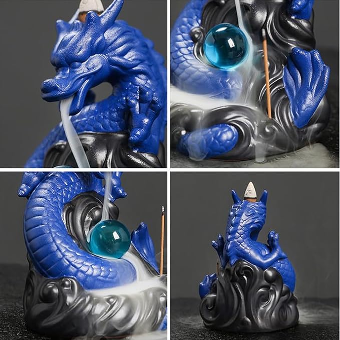 Dragon Waterfall Incense Burner,Backflow Incense Burner with 20 Incense Cones and 30 Incense Sticks，Ceramic Incense Cone Holder Used for Relaxation, Meditation, and Home Decoration (Blue)