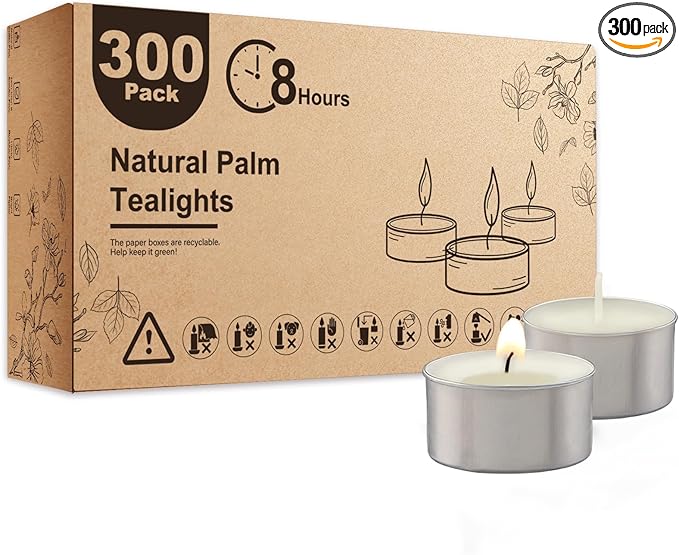 Unscented Palm Tea Lights Candles 300 Pack Bulk, 8 to 9 Hours Long Burning White Tea Lights,Non-Paraffin, Smokeless, Mini Tealight Candles for Wedding, Table Centerpiece, Party, Power Outages