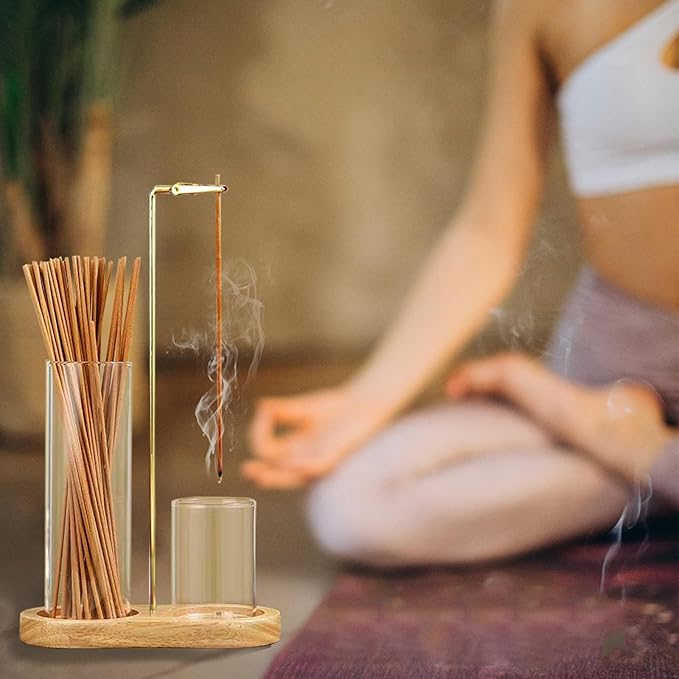Incense Holder for Sticks with Ash Catcher-2 in 1 Glass Incense Stick & Candle Holder with Storage, Anti-Ash Flying insence-Sticks Burner for Meditation Yoga Spa Home Decor sage (Light Base)