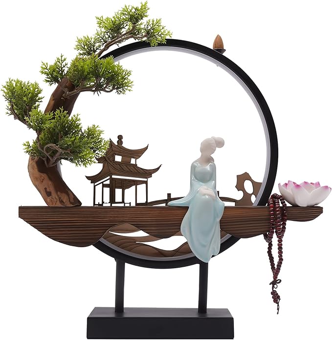Backflow Incense Holder with LED Light and Pines, Ceramic Lady Chinese Style Backflow Incense Burner Perfect for Relaxing or Home Decor