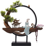 Backflow Incense Holder with LED Light and Pines, Ceramic Lady Chinese Style Backflow Incense Burner Perfect for Relaxing or Home Decor