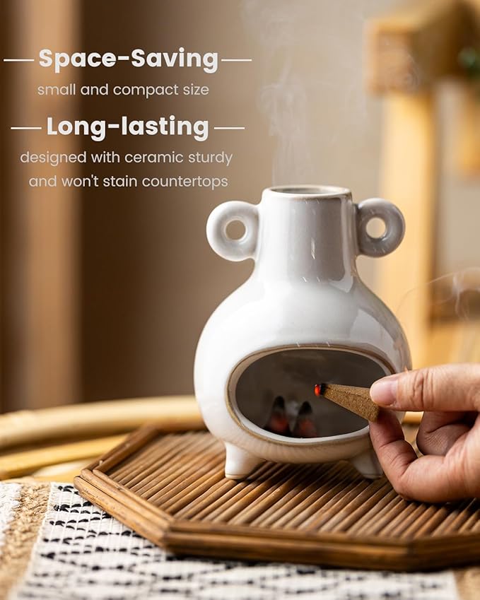 Mini Palo Santo Holder Burner, Ceramic Incense Holder for Sticks Sage Bundles Cone Incense, Chimenea Incense Dish for Yoga Meditation Home Decor, White
