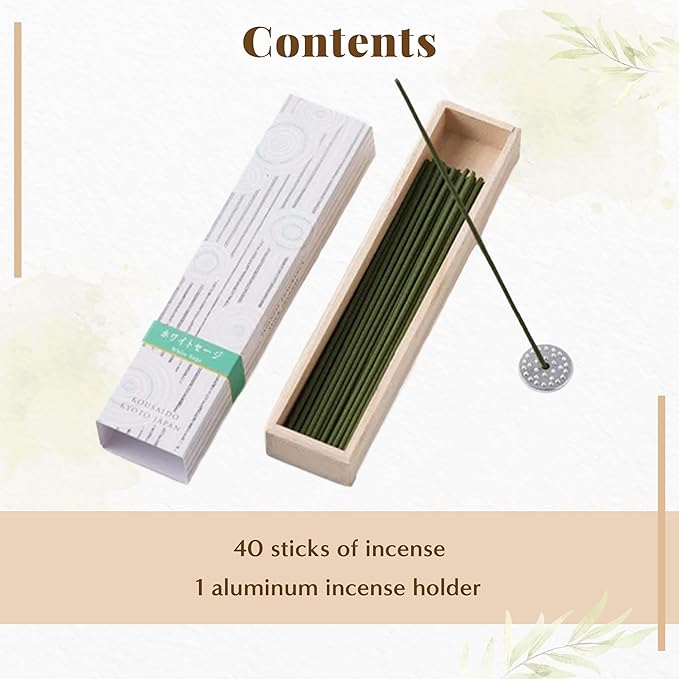Hasegawa Hyakurakuko Premium Japanese Sandalwood Incense - Long Type, 40 Sticks with Aluminum Holder, 20-30 Min Burn Time, Made in Japan 線香 百楽香 (White Sage)