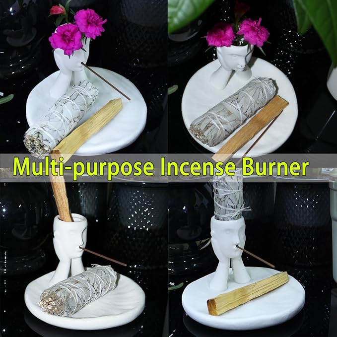 Incense Holder Modern Ceramic, Creative Incense Burner Head Sculpture Figurine Jewelry Dish Trinket Tray Incense Ash Catcher for Burning Sage Stick Unique Gift Home Decor (White)
